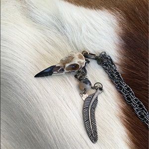 Gothic Skull Necklace. Dangling  Charms Necklace Tassels Spikes Feather Necklace